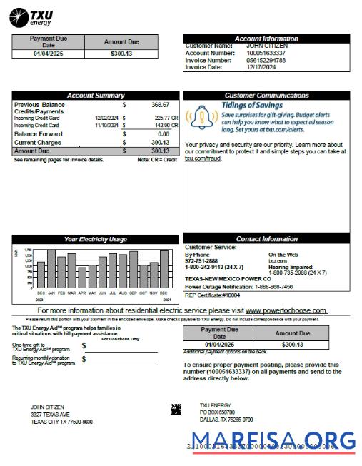 Blank USA TXU Energy utility bill template in Word and PDF formats, version 3